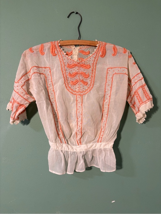 Vintage Tops - ANTIQUE Edwardian Embroidered White Peasant Blouse with Coral Beading